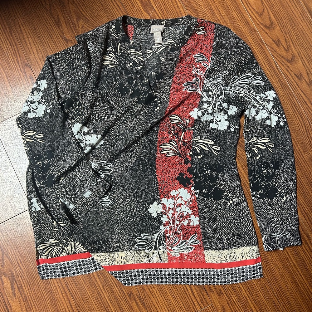 Chico's Black and Red Floral V-Neck Sweater
